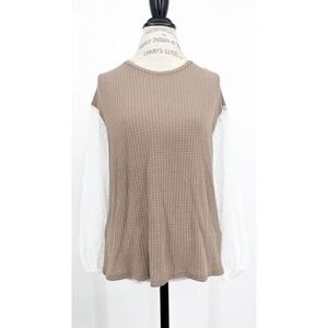 Tan Knitted Crewneck with White Long-sleeves Ladies' Blouse Sweater US 4